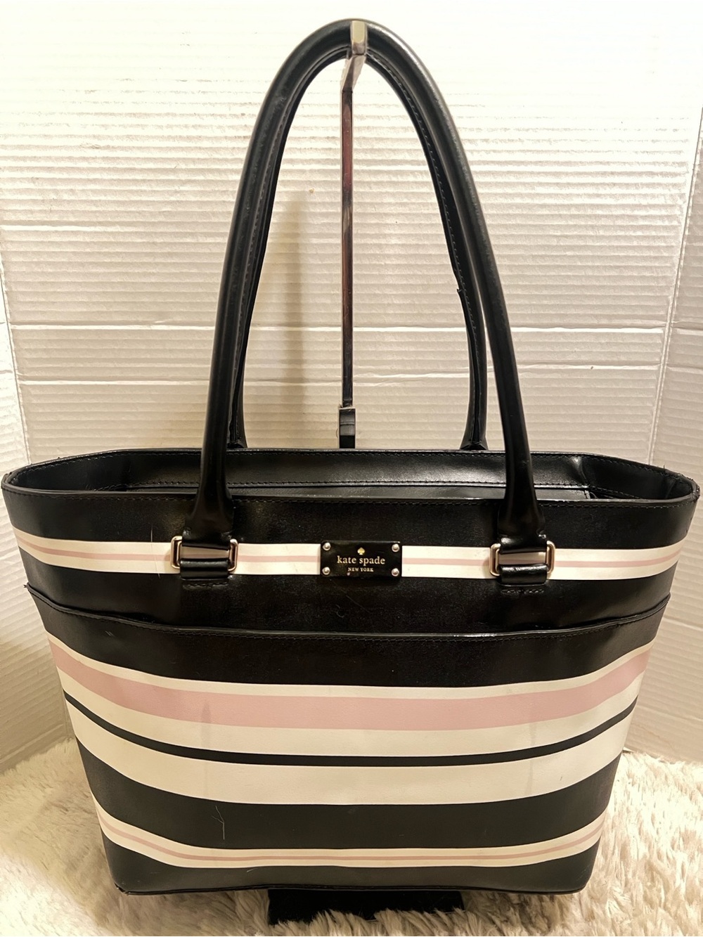 kate spade Grove Street Classic Black and Blush Striped Tote Bag